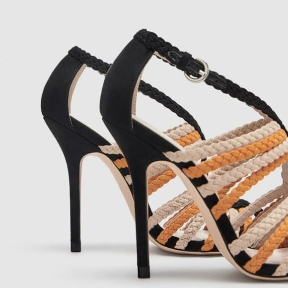 ZARA Leather Orange Black Beige Braided Stiletto Sandals Sz Us 5 Retro - Picture 6 of 13